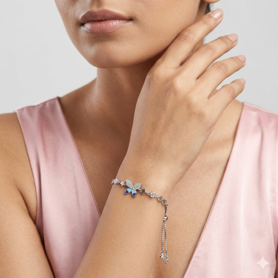 925 Silver Azure Blue Butterfly Star Adjustable Bracelet