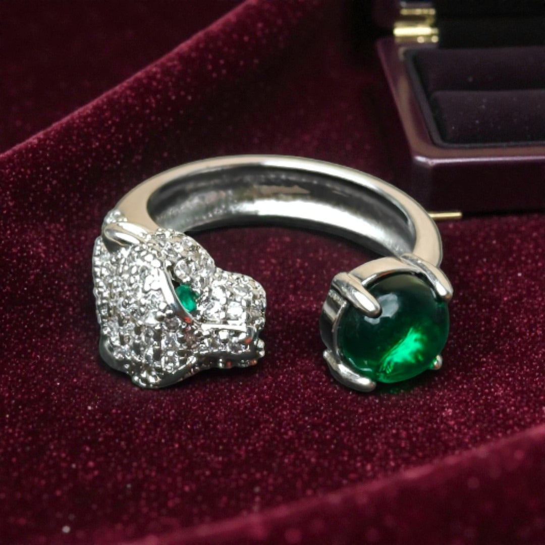 The Emerald Cabochon Panther Adjustable Ring