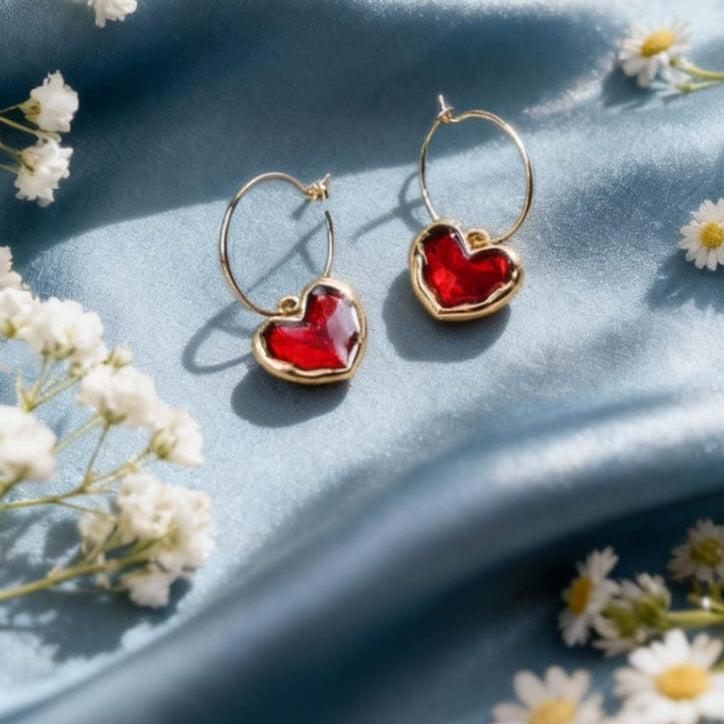 Ruby Heart Gold hoops