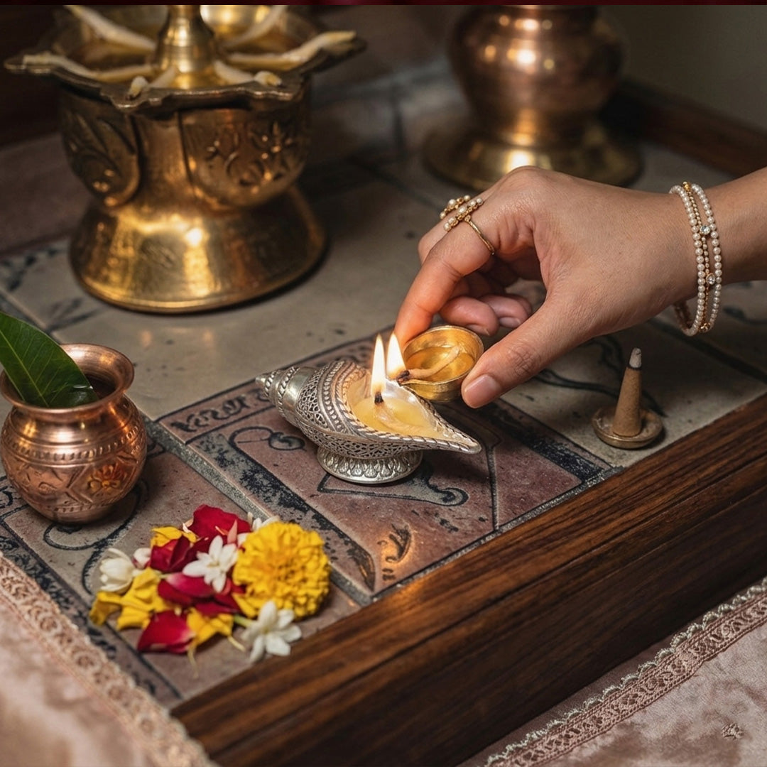 Pure Silver Diya with Unique Shankh Conch Shell Shape Design